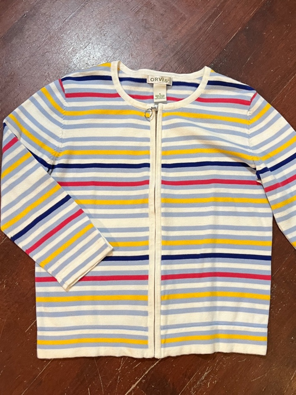 🌻3/$15🌻 Orvis Cream Knit Zip Cardigan with Blue, Yellow & Red Stripes - Picture 1 of 8